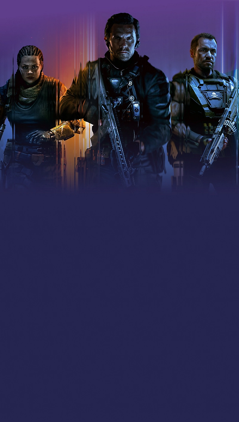 PC operators standing together in a futuristic battlefield background